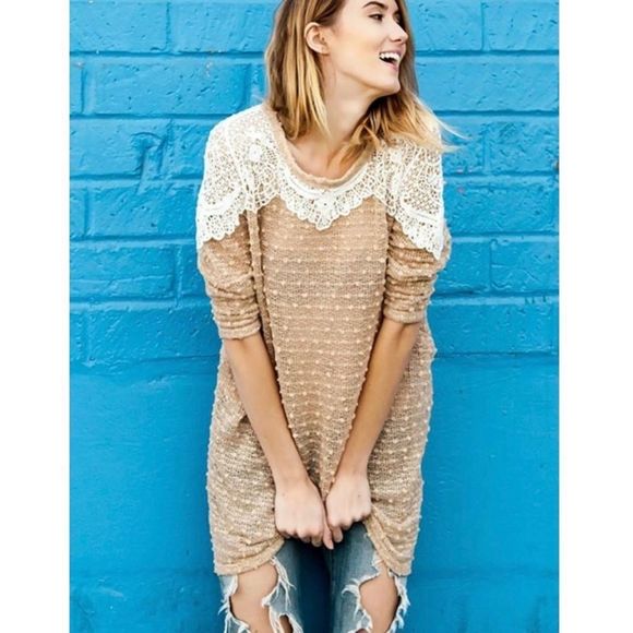 A'Reve Tops - NEW A’Reve Handmade Knit Lace Trim Popcorn Tunic